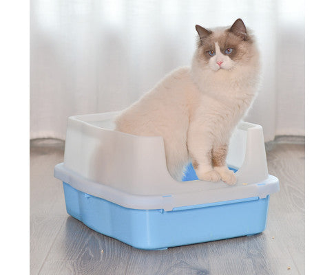 Large Deep Cat Kitty Litter Tray High Wall Pet Toilet Tray With Scoop Blue