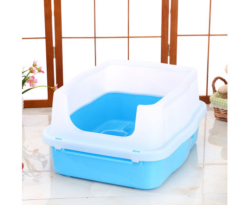 Large Deep Cat Kitty Litter Tray High Wall Pet Toilet Tray With Scoop Blue