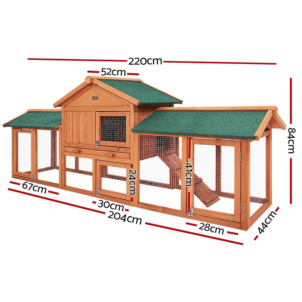 i.Pet Rabbit Hutch Chicken Coop Wooden Cage Pet Hutch 220cm x 52cm x 84cm